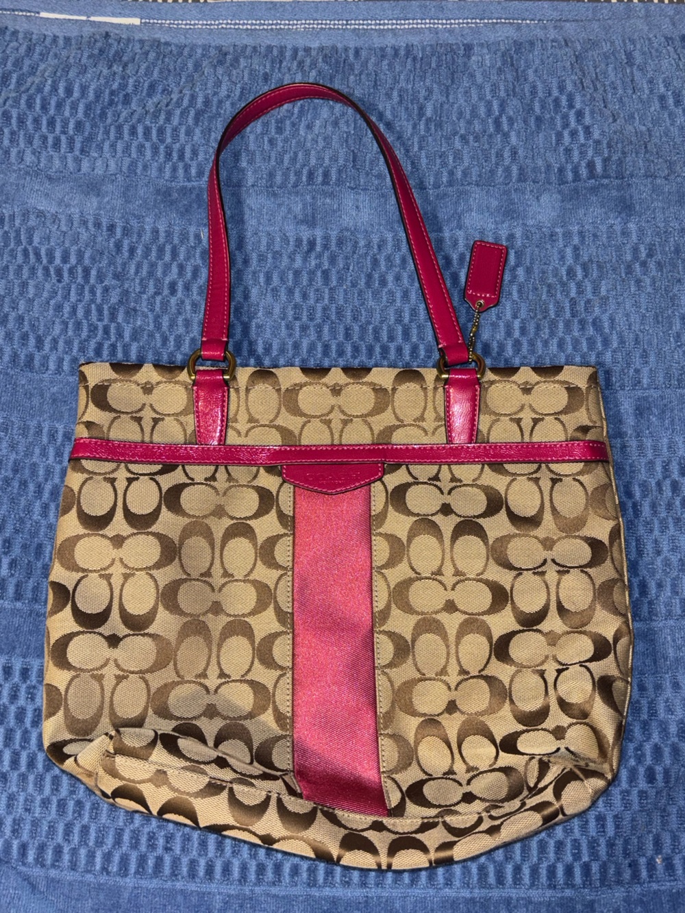 Coach Brown Signature Tote with Pink Accents